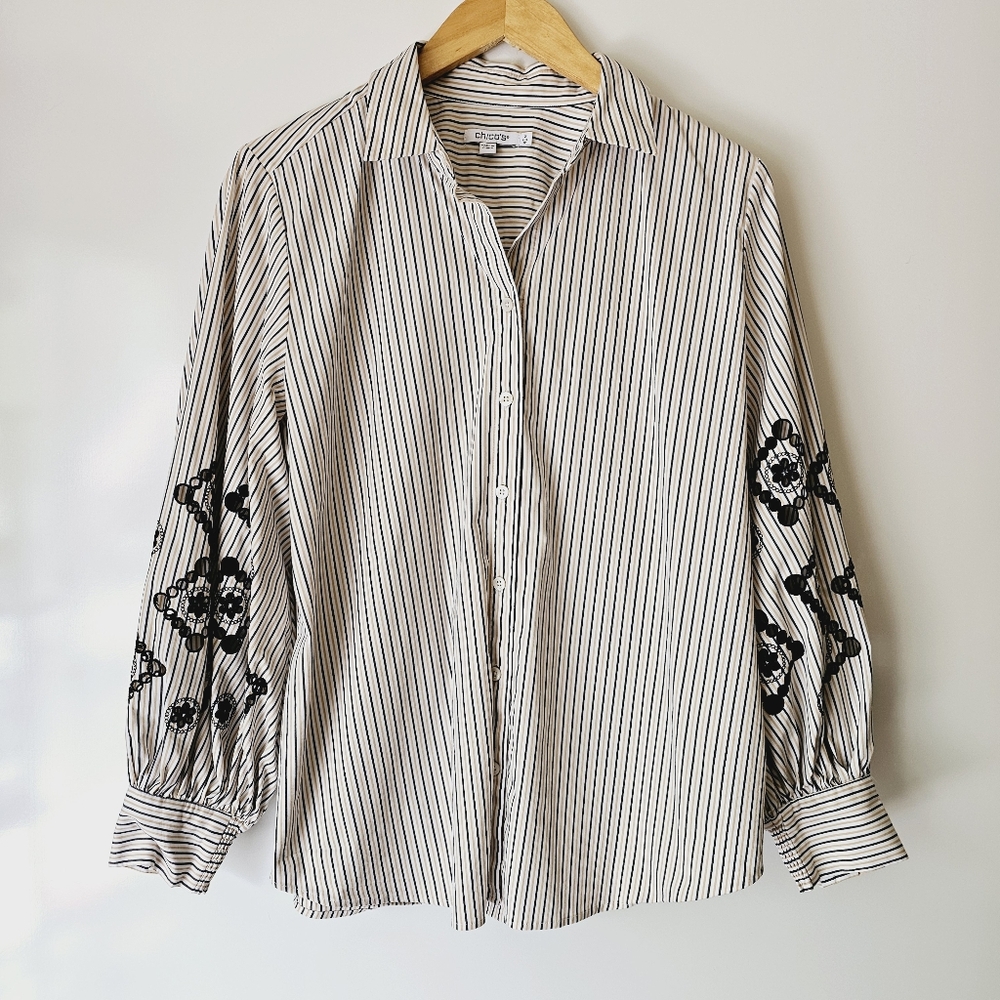 Chico's Poplin Embroidered Stripe Tunic size 12 XL